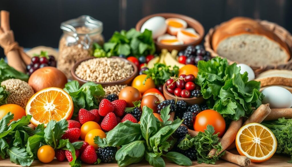 A nourishing still life scene showcasing a variety of fresh, wholesome ingredients for a healthy pregnancy diet. In the foreground, an array of colorful fruits and vegetables such as leafy greens, berries, citrus, and root vegetables are arranged in a visually appealing composition. In the middle ground, whole grains like quinoa, brown rice, and whole wheat bread provide complex carbohydrates. In the background, a selection of lean proteins like eggs, salmon, and legumes completes the balanced, nutrient-dense display. The lighting is soft and natural, highlighting the vibrant colors and textures of the ingredients. The overall mood is one of warmth, abundance, and nourishment, reflecting the importance of a well-rounded diet during pregnancy.