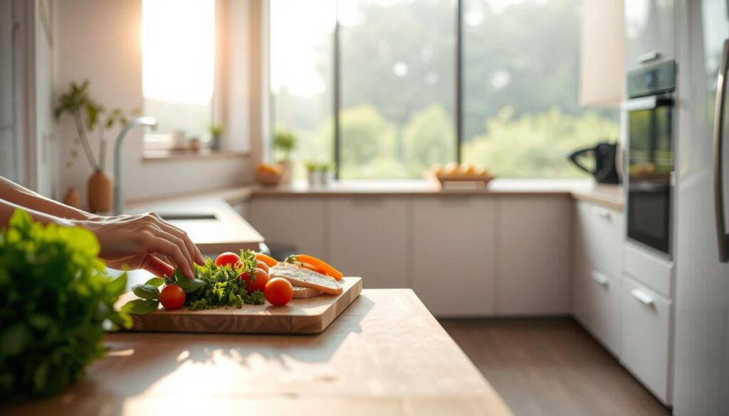 A peaceful kitchen scene with a low-carb meal being prepared. In the foreground, a person's hands delicately arrange fresh vegetables, lean protein, and healthy fats on a wooden cutting board. Soft, natural lighting filters in through a window, casting a warm glow on the scene. In the middle ground, a sleek, modern kitchen with minimalist decor and appliances serves as the backdrop. The background features a panoramic view of a lush, green garden, conveying a sense of balance and wellness. The overall atmosphere is one of simplicity, nourishment, and mindfulness, reflecting the principles of a well-executed low-carb diet.