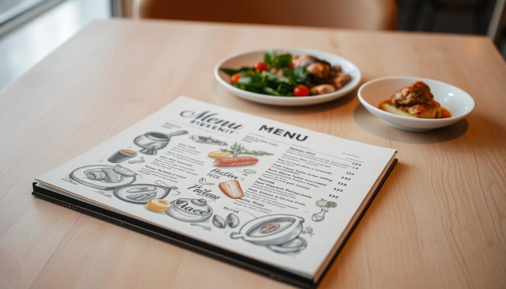 A personalized menu displayed on a wooden table, showcasing various dishes and ingredients. The foreground features a detailed illustration of the menu, with handwritten text and carefully arranged food items such as fresh vegetables, meats, and herbs. The middle ground depicts a clean, minimalist setting with a light wooden surface, allowing the menu to be the focal point. The background is slightly blurred, creating a sense of depth and emphasizing the menu's prominence. The lighting is soft and natural, highlighting the textures and colors of the dishes. The overall mood is one of simplicity, craftsmanship, and a personalized dining experience.