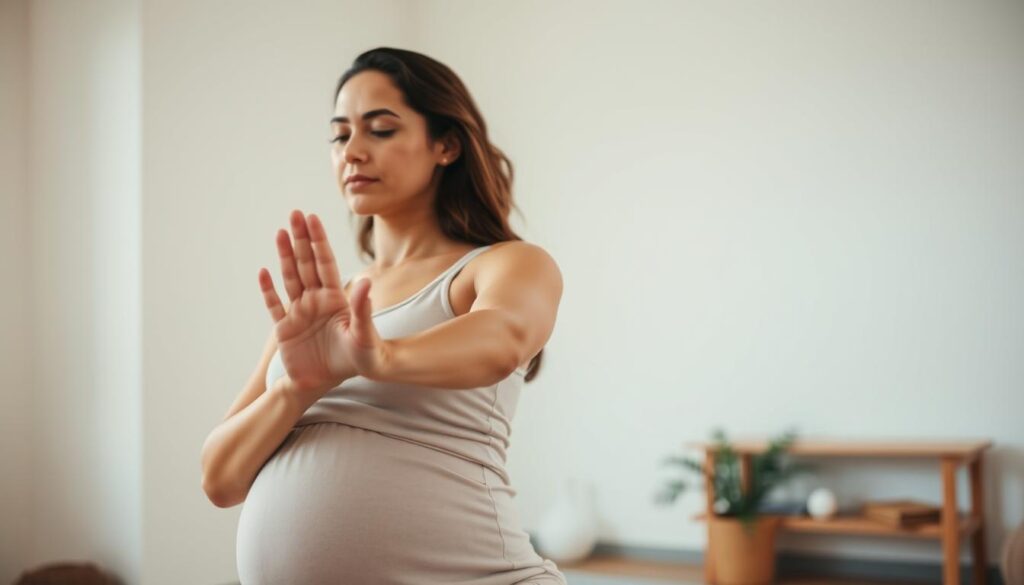 A pregnant woman gracefully performing light exercises in a serene, well-lit studio. In the foreground, her hands gently guide her movements as she stretches her limbs. The middle ground features a calm, neutral-toned background, allowing the focus to remain on the subject. The lighting is soft and diffused, creating a warm, nurturing atmosphere. The camera angle is slightly elevated, giving a sense of tranquility and comfort. The woman's expression is one of mindfulness and inner peace, reflecting the benefits of staying active during pregnancy.