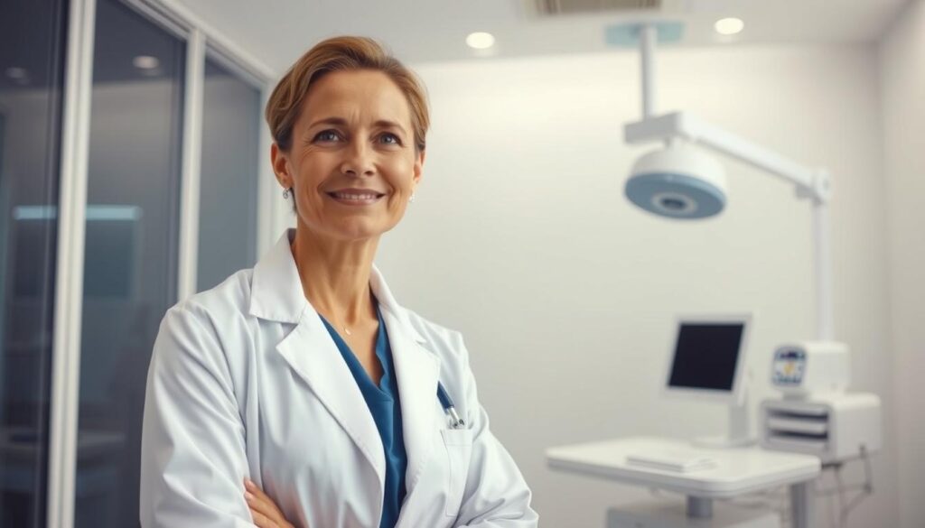 A professional dermatologist standing in a well-lit, modern medical office, gazing thoughtfully at the camera. Wearing a white lab coat, the doctor has a warm, reassuring expression as they guide the viewer through the complexities of skin health and treatments. The office is clean and minimalist, with sleek medical equipment visible in the background, conveying a sense of expertise and care. The lighting is soft and diffuse, creating a calming, clinical atmosphere. The camera angle is slightly elevated, lending the doctor an air of authority and approachability. This image aims to visually represent the expertise and guidance a dermatologist can provide in addressing skin concerns like cellulite.