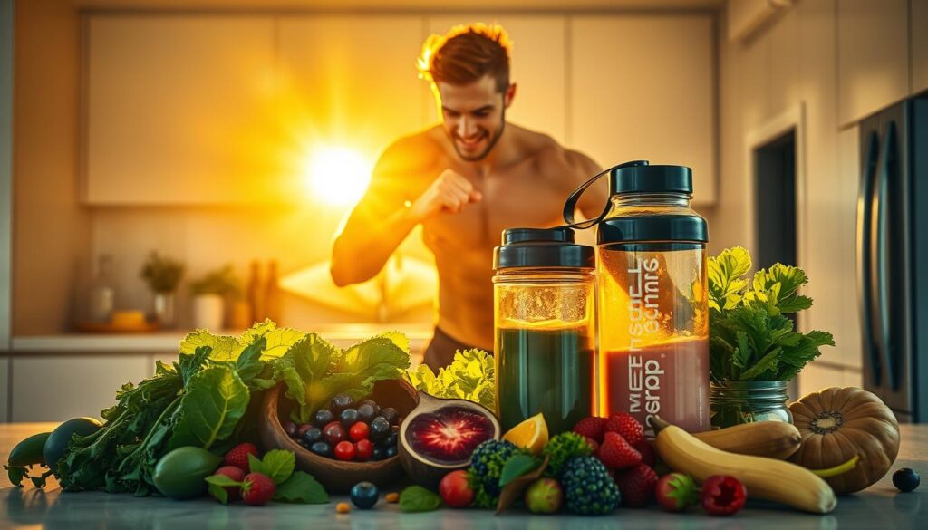 A radiant, sun-drenched scene depicting the process of "aumentar queima" (boosting fat burn). In the foreground, a dynamic, athletically-built person performs high-intensity exercises, their muscles visibly straining as they push their body to the limit. Surrounding them, an array of vibrant, nutrient-dense foods and supplements - including leafy greens, berries, and a shaker bottle filled with a potent metabolic-boosting formula. In the middle ground, a sleek, modern kitchen serves as the backdrop, its clean lines and minimalist aesthetic conveying a sense of efficiency and purpose. The background is suffused with a warm, golden glow, evoking a feeling of energy, vitality, and the promise of transformative results. Crisp, cinematic lighting heightens the drama and emphasizes the dynamism of the scene, capturing the essence of "how to choose, combine, and maximize results in the present".