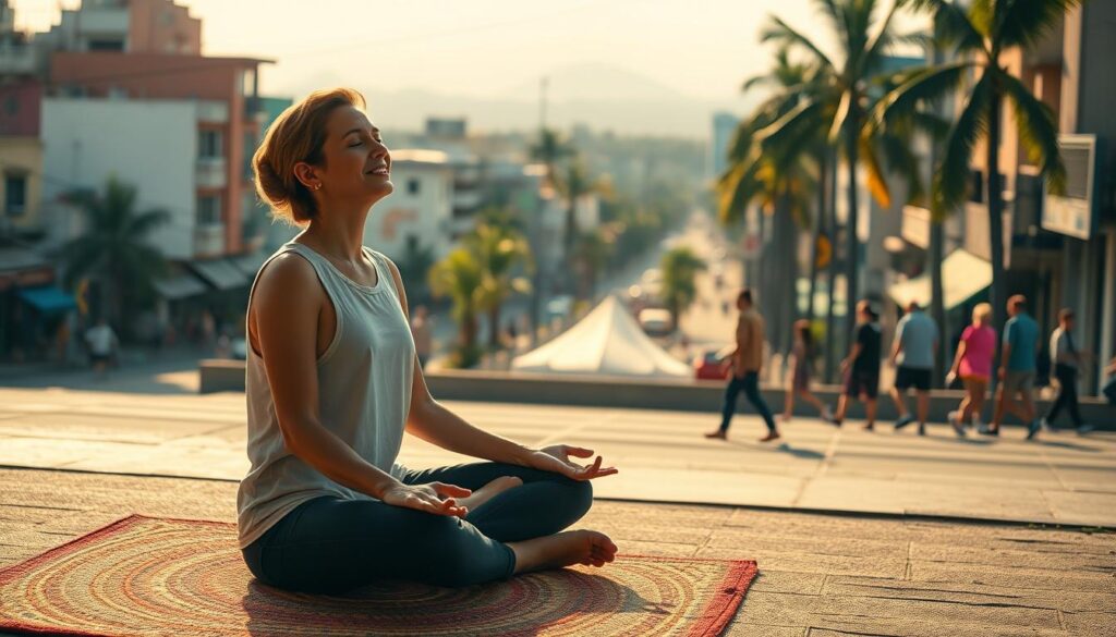 A serene and tranquil scene of a person practicing mindfulness in the midst of the bustling Brazilian daily life. The foreground depicts a person sitting cross-legged on a colorful woven mat, their eyes closed in peaceful meditation. Soft natural light filters in, casting a warm glow. In the middle ground, the urban landscape unfolds with vibrant buildings, palm trees, and pedestrians going about their routines. The background features a hazy, distant horizon, conveying a sense of calm amidst the activity. The overall mood is one of focused presence and inner balance, inviting the viewer to pause and find moments of mindfulness in the rhythm of everyday life.