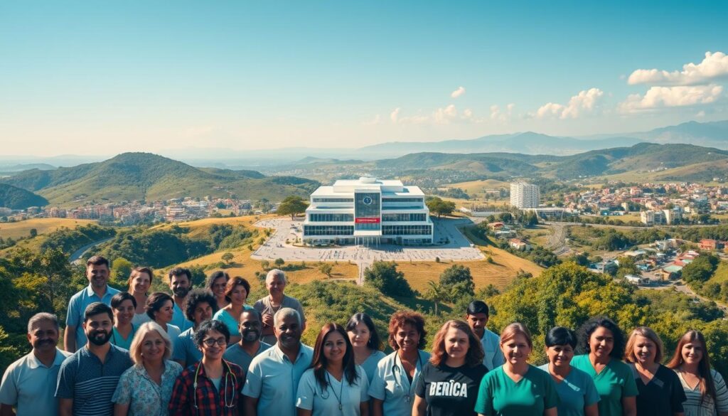 A serene and vibrant landscape depicting the opportunities for improved healthcare access in Brazil. In the foreground, a diverse group of people of all ages and backgrounds stand together, their faces expressing hope and determination. In the middle ground, a modern, well-equipped medical facility stands proudly, surrounded by lush greenery and a clear blue sky. The background features rolling hills, winding roads, and a mix of residential and commercial buildings, symbolizing the reach and accessibility of quality healthcare services. The scene is bathed in warm, natural lighting, conveying a sense of optimism and progress. The overall composition suggests a future where healthcare is truly inclusive, efficient, and personalized for all Brazilians.