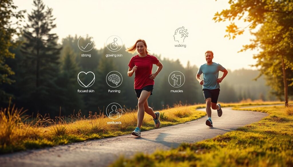 A serene landscape depicting the key health benefits of walking and running. In the foreground, an energetic runner and a focused walker stride along a winding path, their movements infused with vitality. The middle ground showcases a diverse array of healthy icons - a strong heart, glowing skin, a brain in focus, and a set of toned muscles. In the background, a lush, verdant forest frames the scene, conveying a sense of balance and well-being. The lighting is soft and warm, creating a tranquil, inspirational atmosphere. Captured with a wide-angle lens to emphasize the interconnectedness of the elements, this image celebrates the shared advantages and distinctive merits of these two complementary exercises.