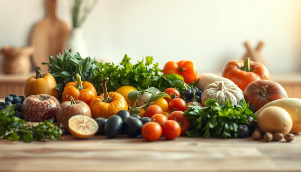 A serene still life depicting the sensação of satiety and satisfaction. In the foreground, a collection of wholesome, natural ingredients - fresh fruits, vegetables, and herbs - arranged in a harmonious composition, conveying a sense of nourishment and balance. The middle ground features a simple, unadorned tabletop, perhaps a rustic wooden surface, allowing the natural elements to take center stage. The background is softly blurred, hinting at a calming, minimalist environment, perhaps a cozy kitchen or dining area. The lighting is gentle, warm, and natural, casting a golden glow that enhances the vibrant colors and textures of the produce. The overall mood is one of contentment, tranquility, and the satisfaction that comes from embracing the power of natural, wholesome solutions.