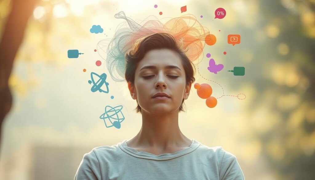 A serene, sun-dappled scene of a person in a thoughtful meditation pose, surrounded by floating, wispy thoughts in various colors and shapes. The subject's eyes are closed, their expression tranquil, as they observe the flow of their inner mental landscape. The background features a peaceful, natural setting with soft, muted tones, blurring the boundaries between the internal and external worlds. Subtle, warm lighting illuminates the scene, creating a calming and introspective atmosphere. The composition emphasizes the contrast between the stillness of the meditating figure and the dynamic, abstract thoughts, conveying the essence of mindful observation.