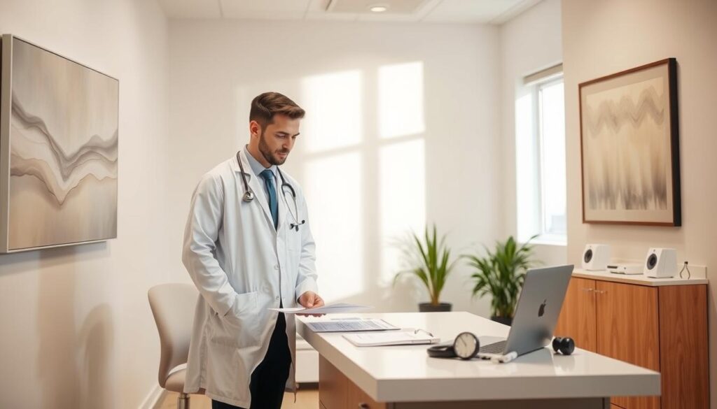 A serene, well-lit medical office setting, with a healthcare professional in a white coat standing at a desk, reviewing documents and medical charts. The desk is clean and organized, with a laptop and various medical equipment visible. The walls are adorned with soothing, neutral-toned artwork, conveying a sense of professionalism and care. The lighting is soft and natural, casting a warm glow throughout the space. The overall atmosphere is one of trust, expertise, and patient-centered attention, reflecting the importance of safety and proper medical guidance when embarking on a ketogenic diet.