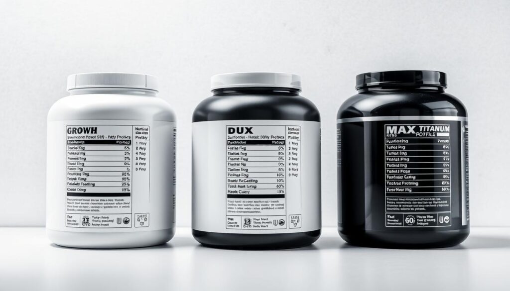 A sleek, high-contrast image showcasing the comparative nutritional profiles of three popular whey protein supplements: Growth, Dux, and Max Titanium. Arranged in a clean, minimalist grid layout, each supplement's key nutritional facts are displayed in a clear, easy-to-read format, allowing for direct visual comparison. The background features a subtle, metallic texture, conveying a sense of premium quality. Crisp lighting from multiple angles accentuates the refined product packaging and typography, creating a sophisticated, laboratory-inspired aesthetic. The overall tone is one of scientific precision and informed consumer decision-making.