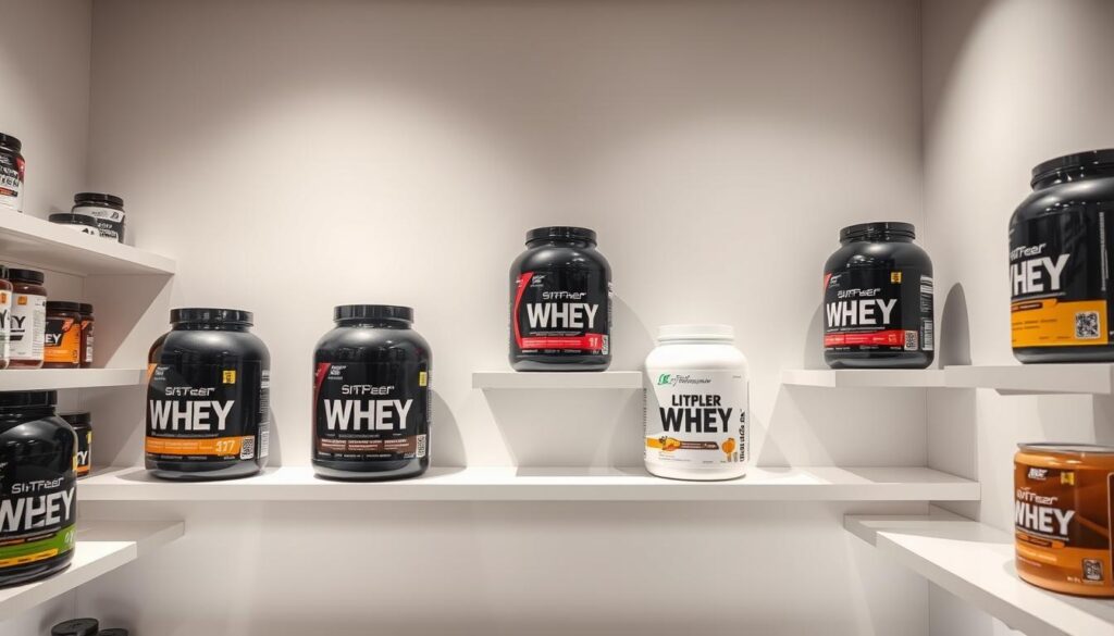 A sleek, modern supplement store display featuring various whey protein tubs in a range of flavors and formulations, catering to different user profiles. The tubs are arranged artfully on clean white shelves, casting subtle shadows. Soft, directional lighting highlights the glossy packaging and creates a sense of depth. The background is a minimalist, muted color that complements the products. The overall impression is one of high-quality, specialized supplements tailored to diverse fitness goals and lifestyles.