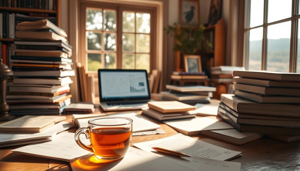 A sun-dappled study with stacks of books and scattered papers, capturing the thoughtful exploration of "Intermittent Fasting: Myths and Adjustments". In the foreground, a calming cup of tea and a few handwritten notes suggest a contemplative mood. The middle ground features a laptop displaying a diagram or chart, hinting at the research and analysis behind the topic. The background showcases a window overlooking a tranquil, natural landscape, symbolizing the balance between the practical and the philosophical aspects of the subject matter. Warm, soft lighting and a subtle depth of field create an atmosphere of focused introspection.