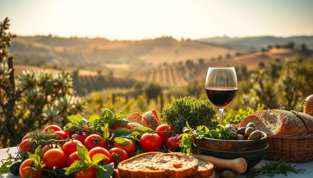 A sun-drenched Mediterranean landscape, with rolling hills dotted with olive trees and vineyards in the distance. In the foreground, a bountiful table is set with an array of vibrant, fresh produce - ripe tomatoes, crisp greens, fragrant herbs, and crusty artisanal bread. A glass of deep red wine and a bowl of glistening olives complete the scene, evoking the rich, flavorful essence of the Mediterranean diet. Warm, golden light filters through the scene, casting a serene, inviting atmosphere. The image conveys a sense of balance, simplicity, and the joy of mindful, healthy eating.