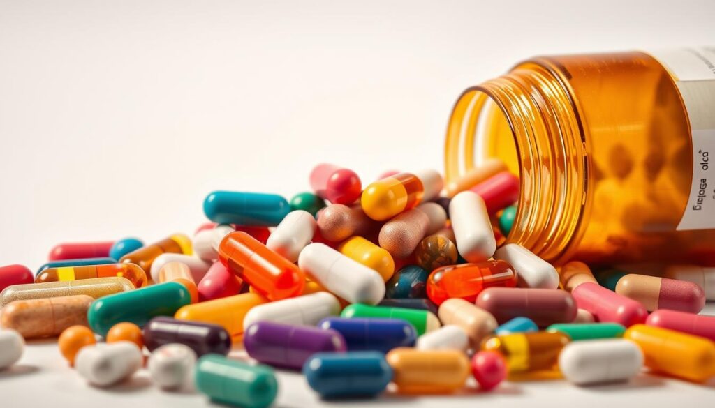 A tightly framed, hyperrealistic close-up of various pharmaceutical pills and capsules in an array of colors, sizes, and shapes, spilling out of an opened pill bottle against a plain, slightly out-of-focus background. The lighting is bright and direct, casting sharp shadows and highlights to accentuate the textural details of the medications. The overall composition conveys a sense of caution and unease, hinting at the potential hazards and side effects associated with improper or excessive use of supplements and medications.