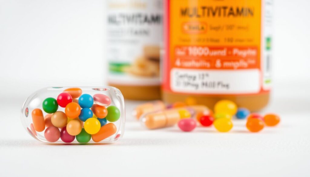 A vibrant and informative image of a multivitamin supplement on a minimalist background. The foreground features a close-up view of the multivitamin capsule, its transparent shell revealing a spectrum of colorful beads and granules representing the various essential vitamins and minerals. The middle ground showcases the multivitamin bottle or package, its label highlighting the key ingredients and nutritional information. The background is a clean, white or lightly textured surface, allowing the multivitamin to be the focal point. The lighting is soft and natural, creating a sense of clarity and approachability. The overall mood is one of health, wellness, and the importance of maintaining a balanced diet with the aid of a high-quality multivitamin supplement.