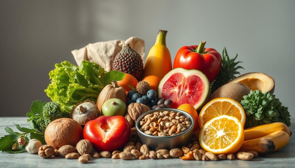 A vibrant array of functional foods, including fresh fruits, vegetables, nuts, and superfoods, arranged in a visually appealing still life composition. Soft, warm lighting illuminates the scene, casting gentle shadows and highlighting the natural textures and colors of the ingredients. The arrangement is carefully balanced, with each item complementing the others, creating a sense of harmony and visual interest. The overall mood is one of health, vitality, and the power of natural, nutrient-dense foods to support the immune system and promote wellbeing.