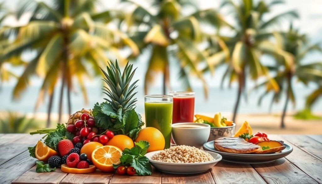 A vibrant, artfully arranged still life showcasing a "mini cardápio antioxidante" (mini antioxidant menu) for a Brazilian breakfast, lunch, and dinner. In the foreground, a variety of fresh, colorful fruits and vegetables - antioxidant-rich superfoods like acai berries, kale, pineapple, and oranges - are elegantly displayed on a rustic wooden table. The middle ground features a steaming cup of Brazilian coffee, a glass of fresh vegetable juice, and a plate of grilled fish or lean meat, complemented by a side of quinoa and roasted vegetables. In the background, a lush, tropical landscape with palm trees and a bright, cloudless sky creates a soothing, natural ambiance. Soft, warm lighting casts gentle shadows, emphasizing the vibrant hues and natural textures of the ingredients. The overall scene conveys a sense of health, balance, and the bountiful antioxidant-rich cuisine of Brazil.