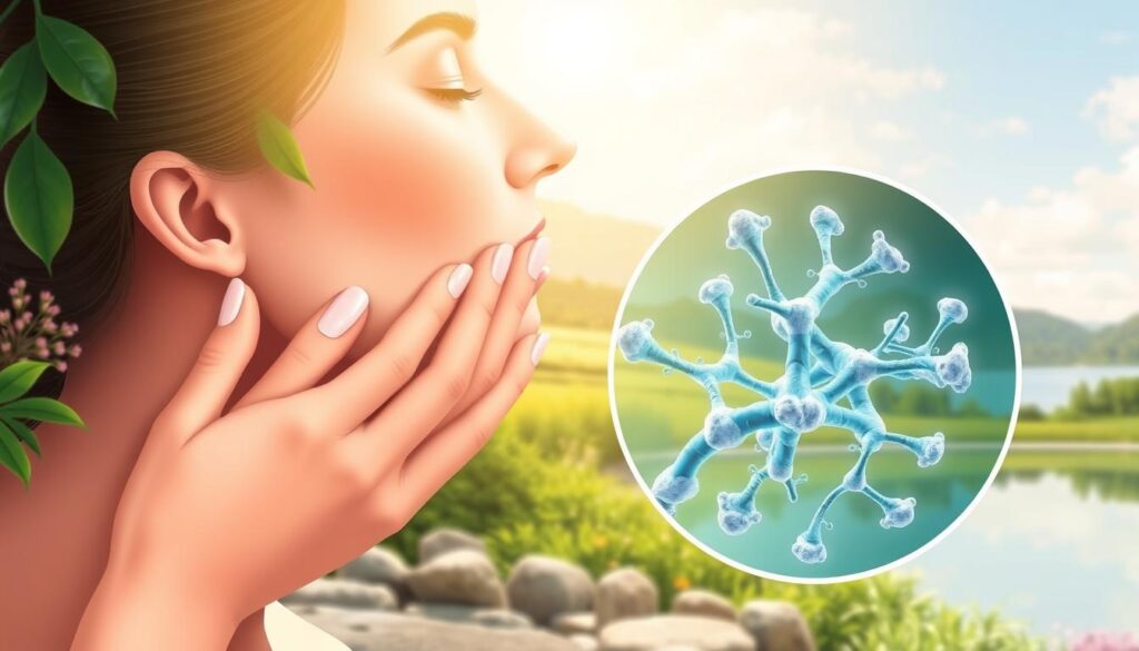 A vibrant, detailed illustration depicting the prevention of collagen loss. In the foreground, a woman's hand gently massages her face, symbolizing the application of collagen-boosting skincare. In the middle ground, a cluster of collagen fibers are highlighted, with their structure and interconnectivity emphasized. The background showcases a serene, natural landscape with lush greenery and a tranquil body of water, creating a calming, holistic atmosphere. Warm, diffused lighting from an overhead source illuminates the scene, enhancing the sense of wellness and nourishment. The overall composition conveys the importance of maintaining healthy collagen levels for radiant, youthful skin.