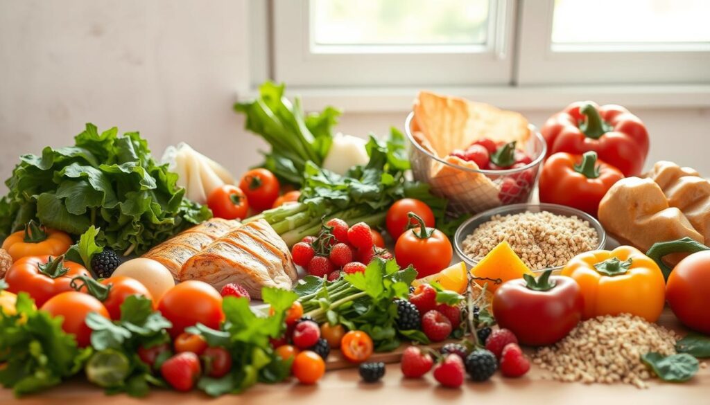 A vibrant, natural-looking still life composition showcasing an assortment of healthy, permitted foods for a 21-day diet. The image should be captured with soft, diffused lighting from an overhead window, creating a warm, inviting atmosphere. In the foreground, arrange a selection of fresh fruits and vegetables, such as leafy greens, tomatoes, bell peppers, and berries, carefully positioned to create a visually appealing arrangement. In the middle ground, include lean protein sources like grilled chicken breast or salmon fillets, accompanied by whole grains like quinoa or brown rice. The background should feature a simple, neutral-toned surface, allowing the vibrant colors of the food to take center stage. The overall composition should convey a sense of health, balance, and the key elements of a successful 21-day diet.