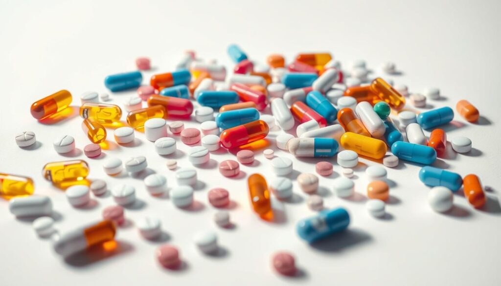 A vibrant, photorealistic illustration of various pharmaceutical pills and capsules, scattered haphazardly against a stark white background. The pills are in a variety of shapes, sizes, and colors, representing the diverse range of medications and their potential side effects. The lighting is dramatic, casting sharp shadows and highlights to emphasize the three-dimensional nature of the objects. The camera angle is slightly elevated, giving the viewer a sense of unease and highlighting the potentially dangerous nature of the subject matter. The overall mood is one of caution and concern, underscoring the importance of understanding the potential risks and side effects of any medication, natural or otherwise.