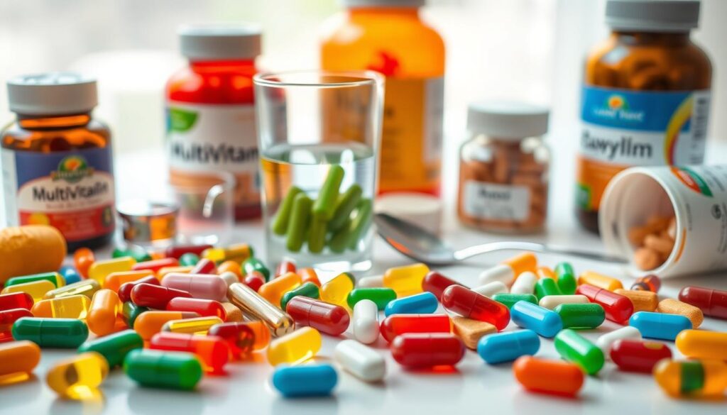 A vibrant still life depicting a set of assorted multivitamin supplements. The foreground features an array of colorful capsules, tablets, and gummies arranged on a clean, white surface. The middle ground showcases a glass of water and a spoon, suggesting the practical act of consuming the vitamins. The background is softly blurred, allowing the focus to remain on the multivitamin products. The lighting is natural and diffused, creating a warm, inviting atmosphere. The overall composition emphasizes the accessibility and convenience of incorporating multivitamins into one's daily health routine.