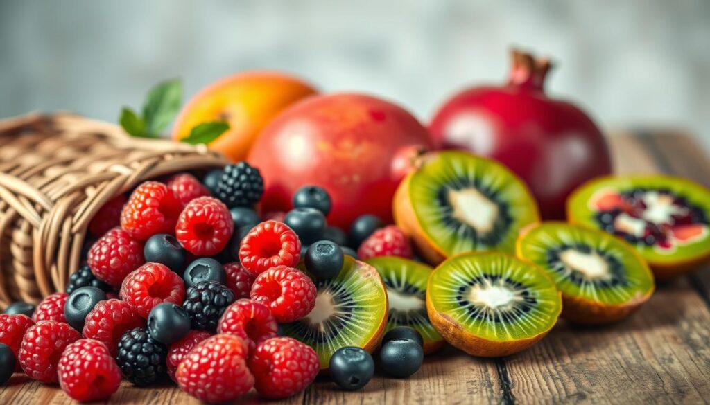 A vibrant still life featuring an assortment of antioxidant-rich fruits arranged on a rustic wooden table. In the foreground, luscious raspberries, blueberries, and blackberries spill out of a woven basket, their jewel-toned hues glistening under soft, natural lighting. In the middle ground, a ripe mango and a vibrant red pomegranate sit alongside halved kiwi fruits, their bright green flesh and black seeds on display. The background is hazy and out of focus, allowing the main subjects to take center stage. The overall mood is one of freshness, vitality, and health, perfectly capturing the essence of "antioxidant-rich fruits for a healthy, radiant complexion."