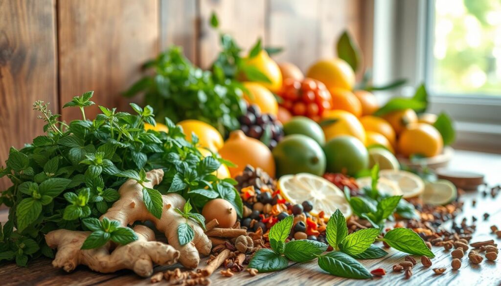 A vibrant still life featuring an assortment of natural detox ingredients. In the foreground, a selection of fresh herbs, including mint, lemon balm, and ginger, arranged artfully against a wooden backdrop. The middle ground showcases a variety of colorful fruits, such as lemons, oranges, and limes, complemented by a scattering of dried berries and spices. In the background, a soft, natural light filters through a window, casting a warm, inviting glow over the scene. The overall composition evokes a sense of wellness, purity, and the restorative power of nature's bounty.