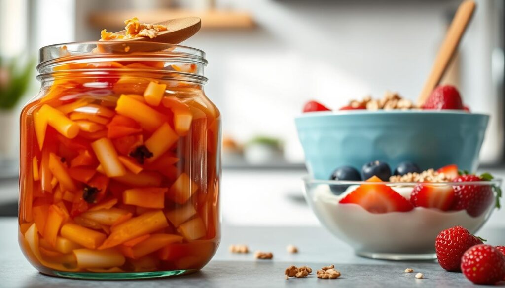 A vibrant still life scene depicting the consumption of probiotic-rich foods. In the foreground, a glass jar filled with fermented vegetables such as sauerkraut or kimchi, accompanied by a wooden spoon for serving. In the middle ground, a bowl of yogurt topped with fresh berries and a sprinkle of granola, conveying the healthy combination of probiotics and prebiotics. The background features a minimalist kitchen setting with natural lighting streaming in, creating a warm, inviting atmosphere. The overall composition emphasizes the ease and simplicity of incorporating probiotic-rich foods into one's daily diet for optimal gut health.