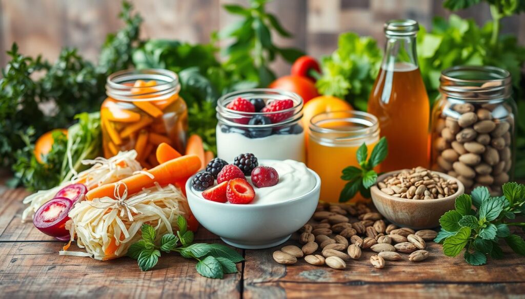 A vibrant still life showcasing a variety of probiotic-rich foods on a rustic wooden table, illuminated by warm, natural lighting. In the foreground, an assortment of fermented vegetables such as sauerkraut, kimchi, and pickled carrots. In the middle ground, creamy Greek yogurt with fresh berries, a jar of kombucha, and a selection of nuts and seeds. The background features a backdrop of fresh herbs and leafy greens, conveying a sense of health and vitality. The overall composition is balanced, with a focus on the colorful, nutrient-dense probiotic-rich items, creating an inviting and appetizing scene.
