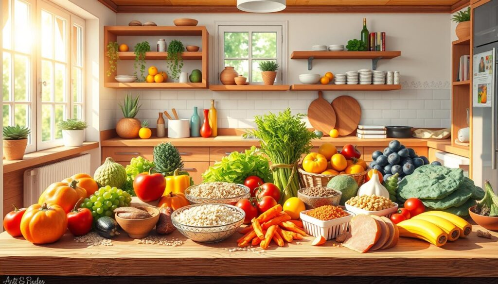 A vibrant, sun-dappled kitchen scene showcasing a variety of healthy, colorful foods suitable for a growing child. In the foreground, a wooden table is laid with a selection of fresh fruits, vegetables, whole grains, and lean proteins - a visually appealing and nutritious spread. Behind it, a cheerful, well-equipped kitchen, with large windows allowing natural light to flood the space. On the countertops, assorted cooking implements and recipe books hint at the preparation of wholesome, homemade meals. The overall mood is one of warmth, nourishment, and a celebration of the joys of healthy, mindful eating for young, developing bodies and minds.