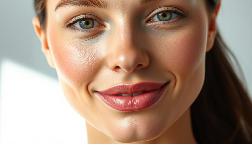 A visage of youthful vitality, a complexion radiant with the glow of supple, firm skin. Smooth, taut texture, free of fine lines and wrinkles, illuminated by soft, diffused lighting that accentuates the natural contours. The subject's features are captured in a three-quarter view, highlighting the jawline, cheekbones, and eyes - windows to a picture of vibrant, healthy skin. Subtle, lifelike details bring this portrait to life, conveying a sense of luminous, rejuvenated dermis - the hallmark of collagen-rich, resilient skin.