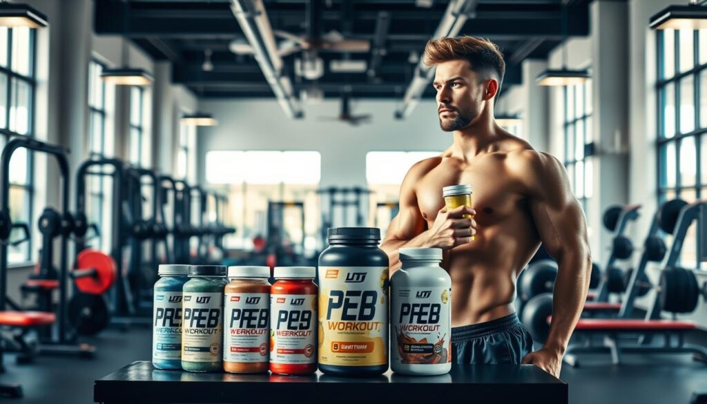 A well-equipped gym interior with various workout equipment arranged in a functional layout. In the foreground, a muscular athlete in athletic wear stands with a focused expression, holding a pre-workout supplement drink. The middle ground features a display of different pre-workout supplement containers, showcasing a range of flavors and formulations. The background depicts a modern, well-lit gym space with high ceilings, large windows, and a clean, minimalist design. Warm, natural lighting creates a motivating atmosphere, accentuating the gym's sleek and professional aesthetic. The overall scene conveys the purpose and benefits of pre-workout supplements in supporting physical fitness and athletic performance.