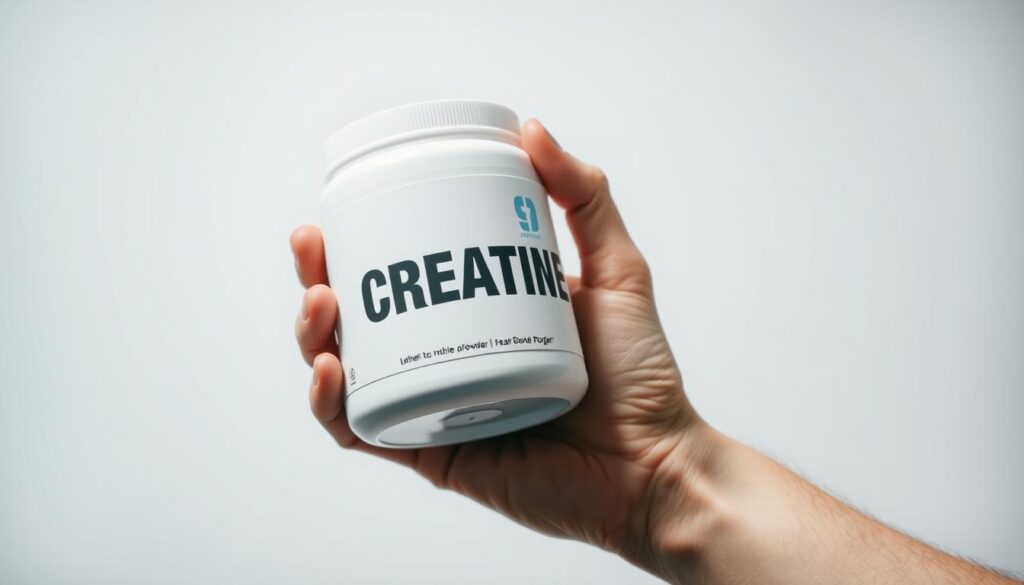 A well-lit, close-up photograph of a hand holding a white plastic container of creatine powder, with the container's label clearly visible. The hand is positioned against a clean, neutral background, perhaps a plain white or light gray surface. The lighting is soft and even, creating a professional, high-quality look. The focus is sharp, drawing the viewer's attention to the details of the container and the hand holding it, conveying a sense of care and attention to the subject matter. The overall mood is one of informative clarity, inviting the viewer to learn more about the proper way to supplement with creatine.