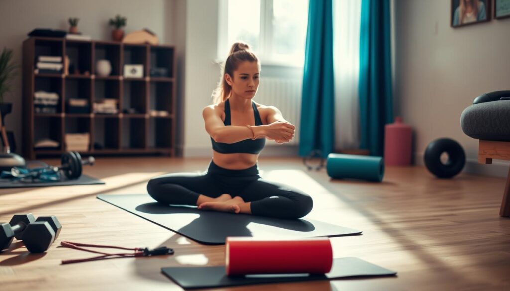 A well-lit home gym setting with a yoga mat on the floor and a variety of workout equipment including dumbbells, a resistance band, and a foam roller. A person in workout attire is seen stretching and warming up, their expression focused and determined. The scene conveys a sense of preparation and readiness for an effective home workout session. The lighting is soft and natural, with hints of sunlight filtering through a window in the background, creating a calming and motivating atmosphere.