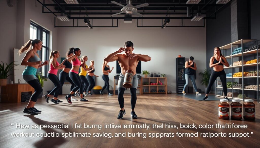 A well-lit studio scene featuring several people performing a variety of exercises focused on fat burning techniques. The foreground shows a group of individuals doing high-intensity interval training exercises like jumping jacks, mountain climbers, and burpees. The middle ground showcases a person demonstrating proper form for core-strengthening exercises like planks and crunches. In the background, there is a display of healthy food options and supplements that support fat burning. The overall mood is energetic and motivational, capturing the essence of an essential home workout routine designed to eliminate excess body fat.