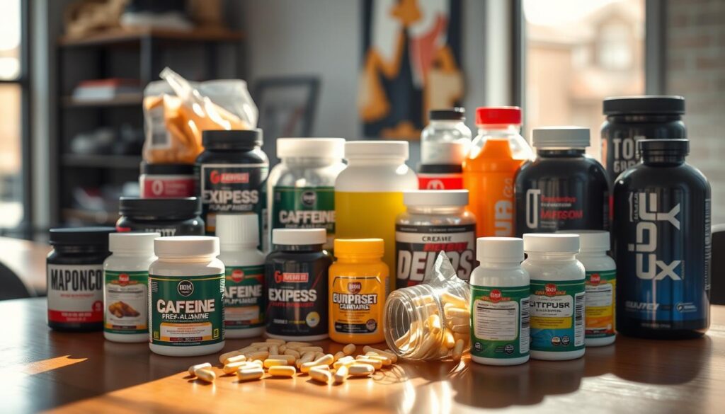 A well-stocked table filled with an assortment of pre-workout supplements, including powders, capsules, and liquids. The arrangement is visually appealing, with each item placed strategically to highlight the various ingredients, such as caffeine, beta-alanine, citrulline, and creatine. The lighting is bright and natural, casting a warm glow on the table, emphasizing the quality and transparency of the products. The background is slightly blurred, keeping the focus on the foreground, where the pre-workout supplements take center stage, ready to be explored and chosen based on individual fitness goals and preferences.