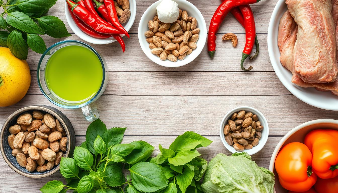 Alimentos que ajudam a acelerar o metabolismo dispostos em uma mesa