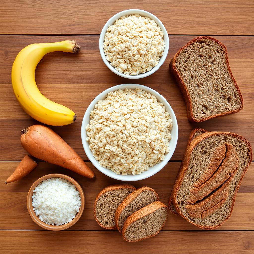 Alimentos ricos em carboidratos ideais para pré-treino como banana, aveia e batata-doce