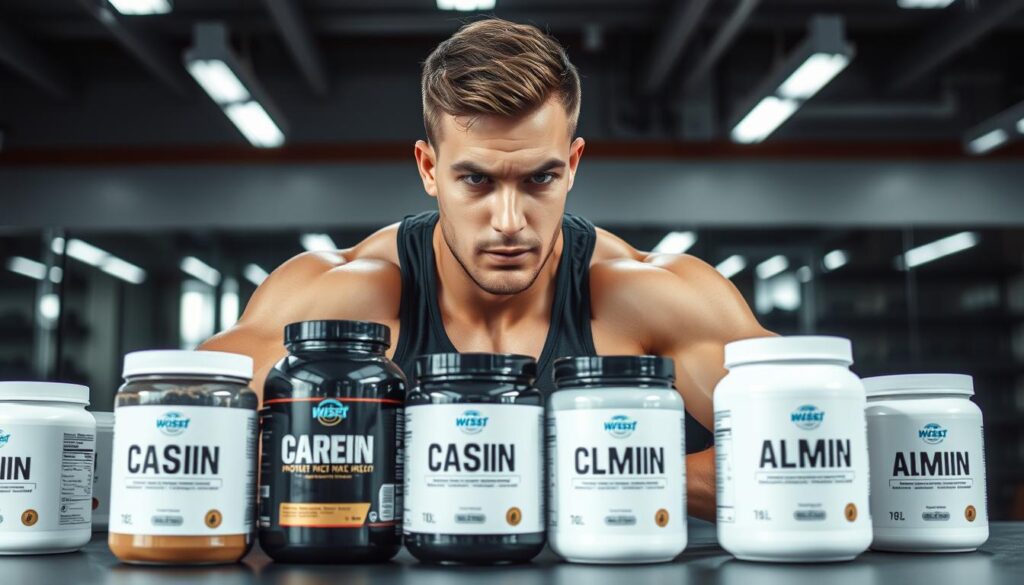 Atleta considerando diferentes opções de proteína para seus objetivos