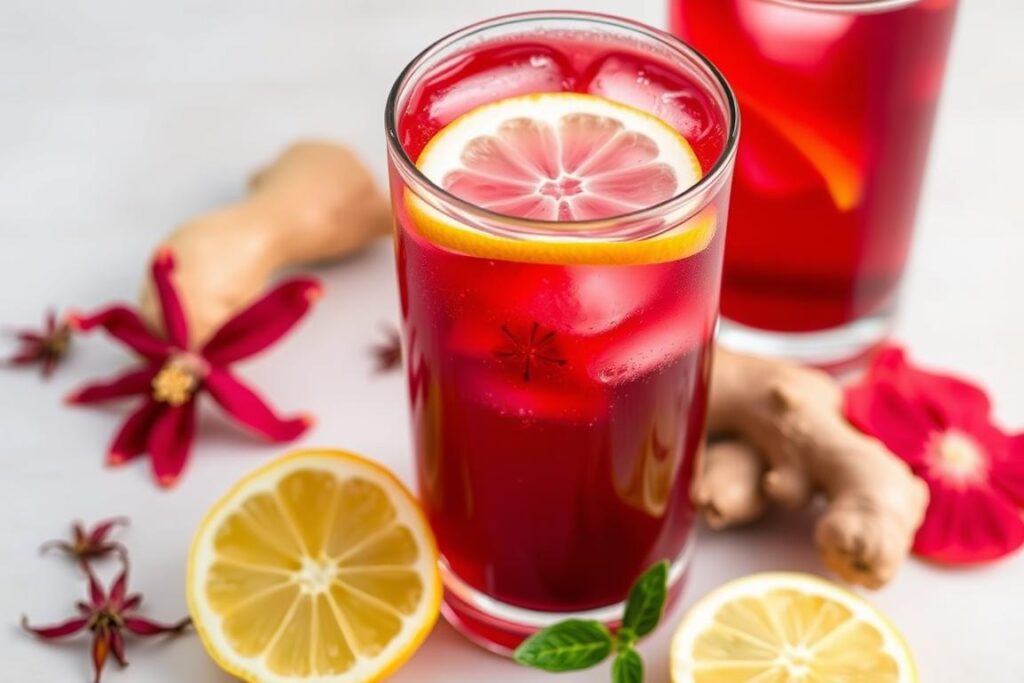 Chá gelado de hibisco com gengibre e limão para acelerar metabolismo