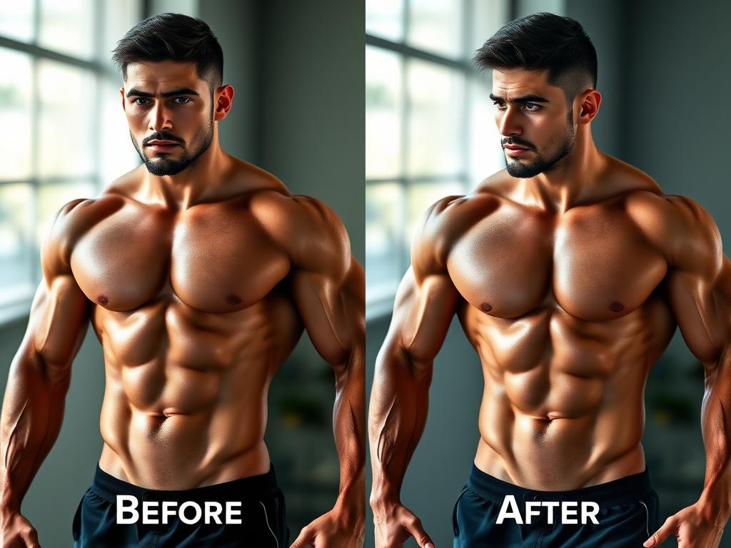 Comparação do antes e depois mostrando ganho de massa muscular com uso de creatina
