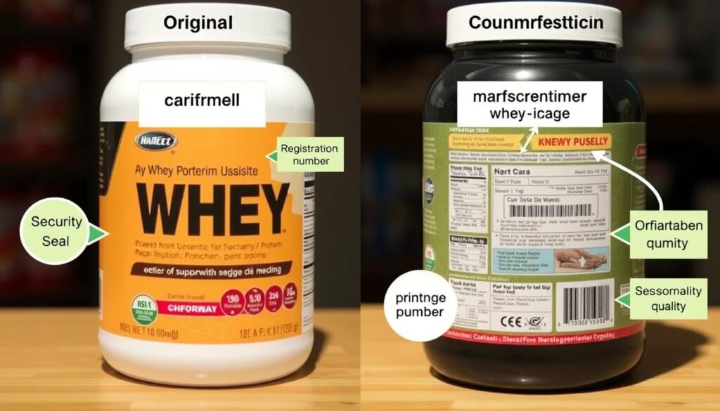 Comparação entre embalagem original e falsificada de whey protein com detalhes destacados entre os melhores whey proteins de 2025
