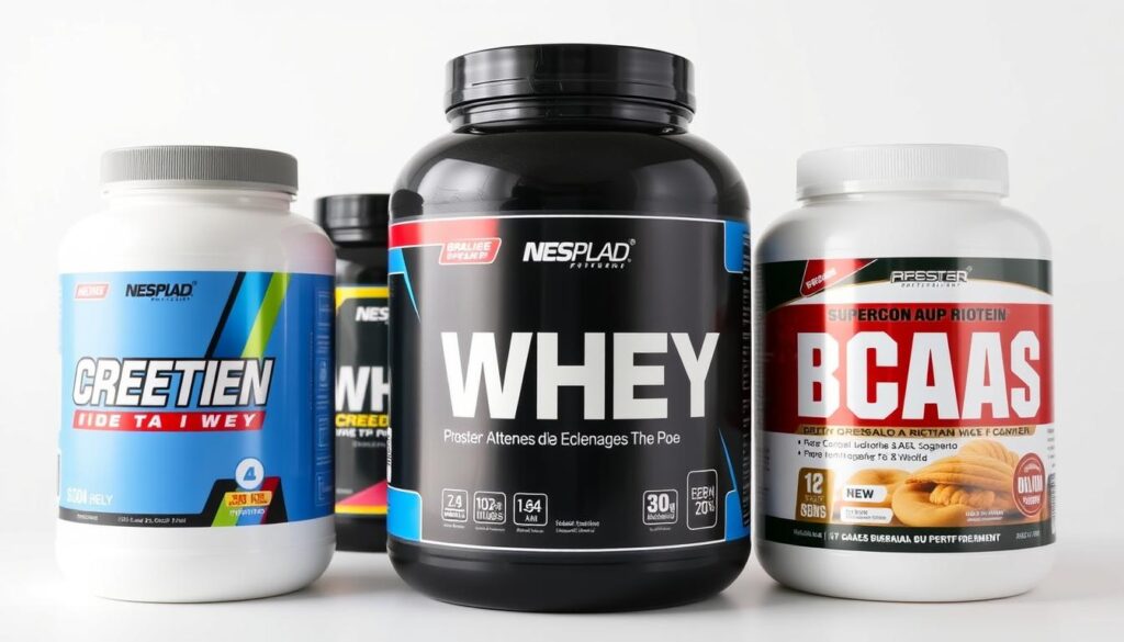 Comparação visual entre diferentes suplementos para ganho muscular