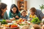 Criança com TDAH comendo alimentos saudáveis com seus pais à mesa