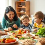 Criança com TDAH comendo alimentos saudáveis com seus pais à mesa