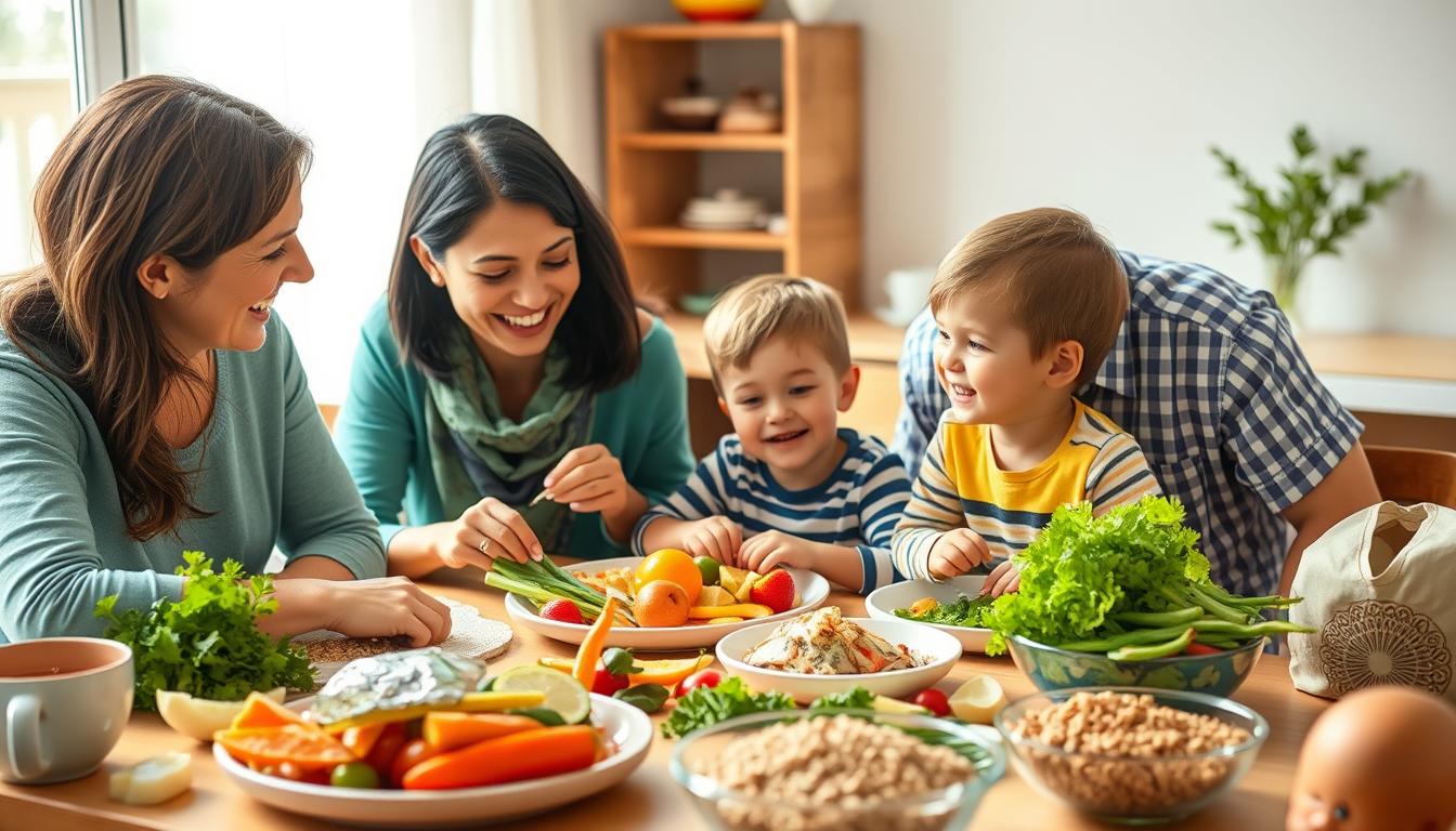 Criança com TDAH comendo alimentos saudáveis com seus pais à mesa