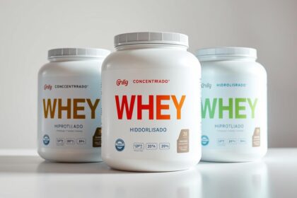 Diferentes tipos de whey protein: isolado, concentrado e hidrolisado em potes com melhores whey proteins de 2025