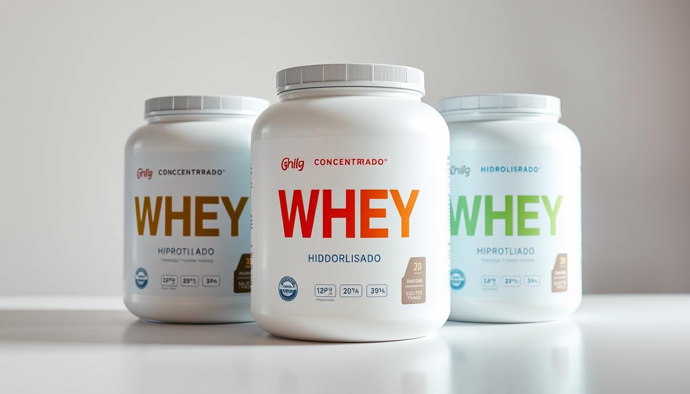 Diferentes tipos de whey protein: isolado, concentrado e hidrolisado em potes com melhores whey proteins de 2025