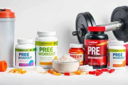 Diversos suplementos pré-treino em pó e cápsulas ao lado de equipamentos de academia
