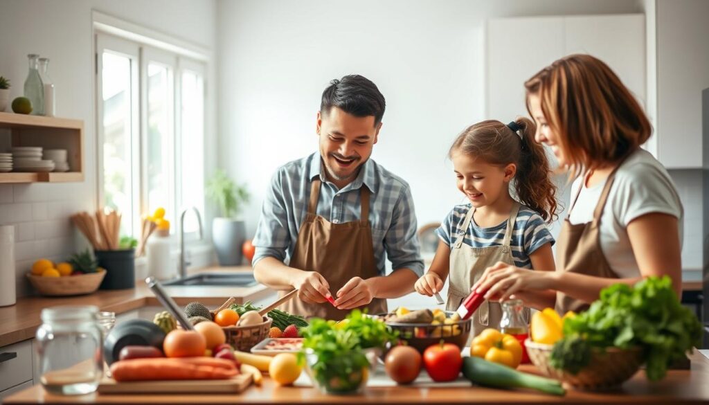 Família preparando refeição saudável juntos para criança com TDAH