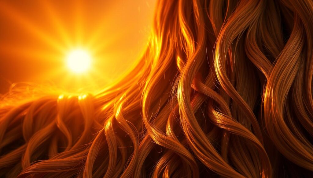 Fios fortalecidos: a vibrant and lush landscape of lustrous, resilient hair strands. Backlit by a warm, golden glow, the hair appears thick, shiny, and full of life. Tufts of healthy, voluminous locks cascade across the frame, their individual strands clearly defined and radiating vitality. The lighting casts soft, diffused shadows, accentuating the depth and texture of the hair. A sense of strength and resilience emanates from the image, reflecting the power of effective hair treatment and nourishment. The overall composition conveys a harmonious, natural balance, inviting the viewer to appreciate the beauty and resilience of fortified, thriving hair.